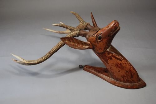 19th Century Folk Art Carved Wooden Stags Head with Antlers