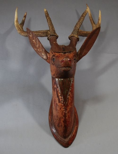 fig 1. 19th century Folk Art carved wooden stags head with antlers