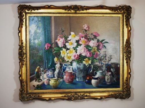 Large Still Life Oil Painting of Flowers on Canvas