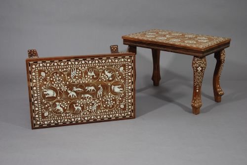 Pair of Highly Decorative Indian Hardwood Inlaid Low Tables