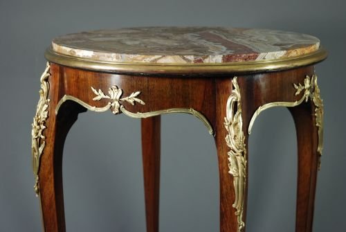 Late 19thc French Kingwood & Ormolu Mounted Circular Occasional Table with Scagliola Top
