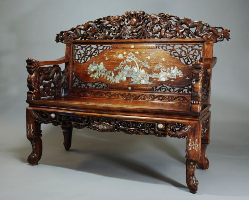 Carved Chinese & Inlaid Hardwood Low Bench
