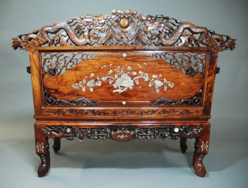 fig 1. Carved Chinese & inlaid hardwood low bench