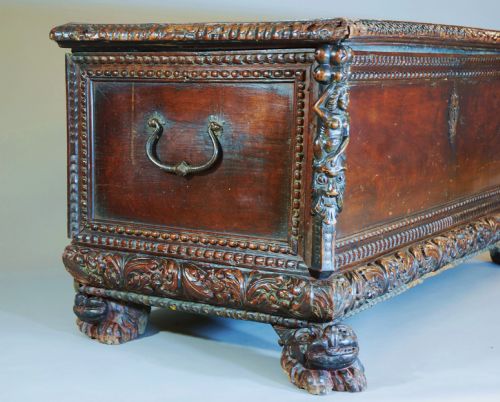 fig 1. 17thc walnut Italian cassoni with superb patina