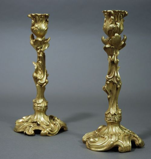Pair of Late 19thc Ormolu Candlesticks in the Rococo Style