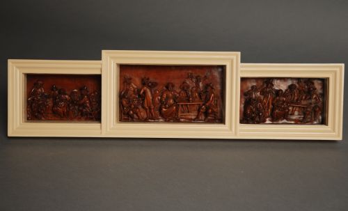 Mid 19thc Flemish Carved Fruitwood Tryptic of Tavern Scenes of Fine Quality, Signed 'As'