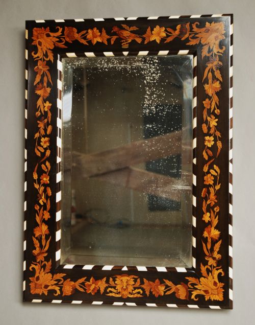 fig 1. Late 19th century fine quality English marquetry mirror with ebony and ivory decoration