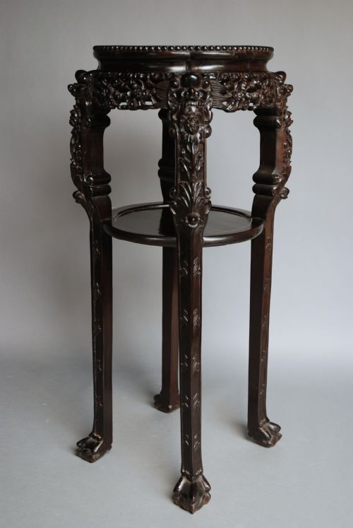Late 19thc Chinese Hardwood Pot Stand with Marble Insert