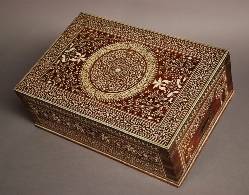 A Large Late 19thc Anglo Indian Brass Bound & Ivory Inlaid Writing Box of Shisham Wood