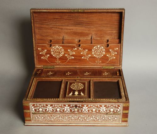 fig 1. A large late 19thc Anglo Indian brass bound & ivory inlaid writing box of shisham wood 