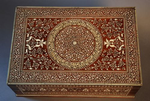 fig 2. A large late 19thc Anglo Indian brass bound & ivory inlaid writing box of shisham wood 