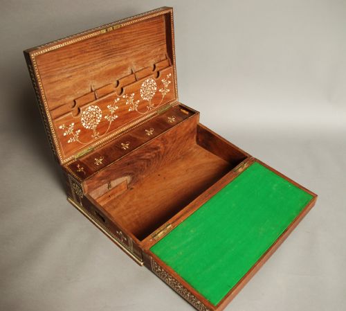 fig 3. A large late 19thc Anglo Indian brass bound & ivory inlaid writing box of shisham wood 