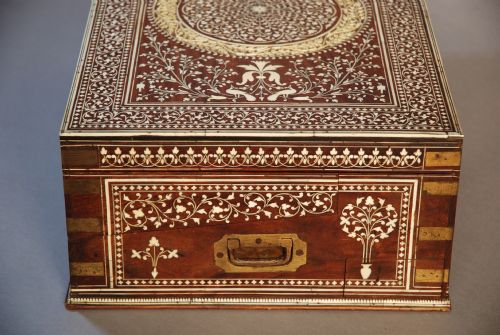 fig 4. A large late 19thc Anglo Indian brass bound & ivory inlaid writing box of shisham wood 