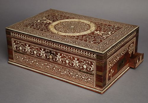 fig 5. A large late 19thc Anglo Indian brass bound & ivory inlaid writing box of shisham wood 