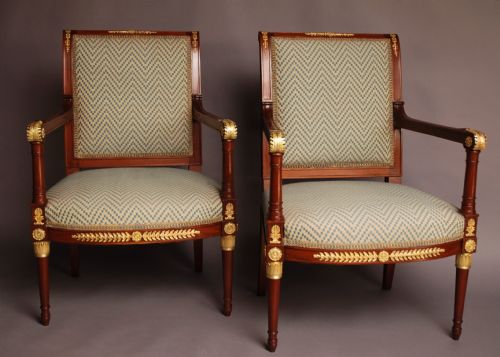 Pair of Highly Decorative French Early 20thc Mahogany & Gilt Metal Armchairs