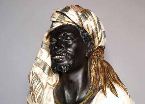 Highly Decorative Austrian Painted Life Size Terracotta Bust of a Nubian Man