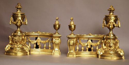 Late 19th C French Louis XVI Style Pair Ormolu Chenets/fire Dogs