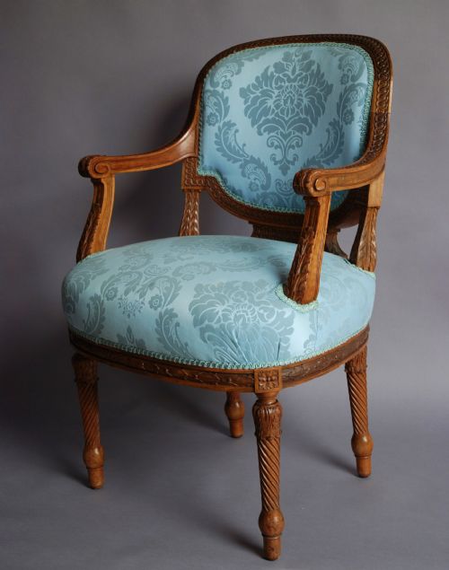 Late 19thc French Walnut Open Armchair of Excellent Quality in Blue Silk Upholstery.