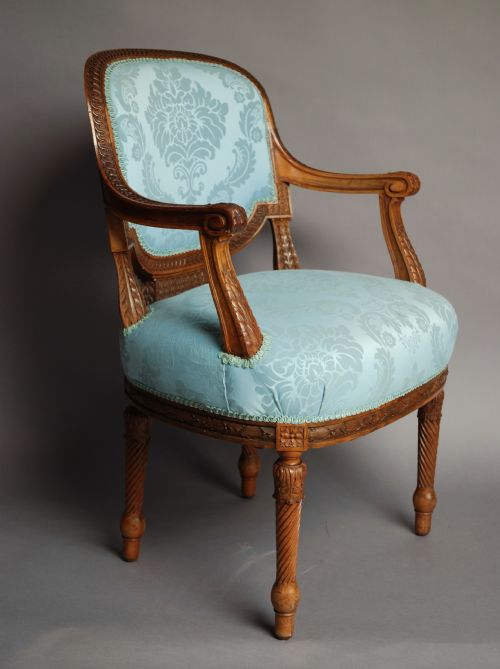 fig 2. Late 19thc French walnut open armchair of excellent quality in blue silk upholstery.