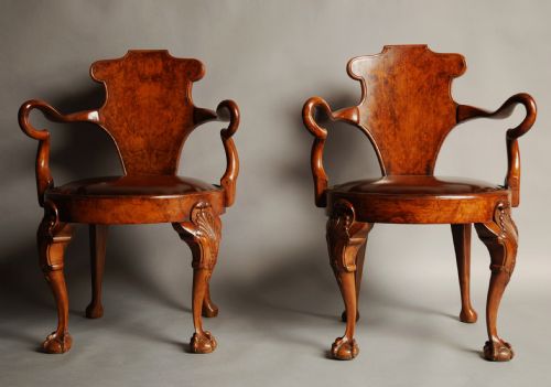 Pair of Early 20thc Walnut Open Arm Library Chairs, in the 'Gillows' Manner
