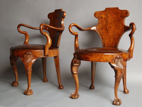fig 1. Pair of early 20thc walnut open arm library chairs, in the 'Gillows' manner