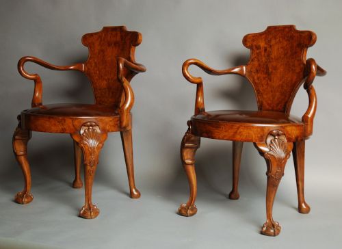 fig 2. Pair of early 20thc walnut open arm library chairs, in the 'Gillows' manner