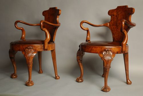 fig 3. Pair of early 20thc walnut open arm library chairs, in the 'Gillows' manner