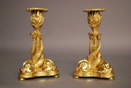 fig 1. Fine quality pair of ormolu candlesticks with entwined dolphins