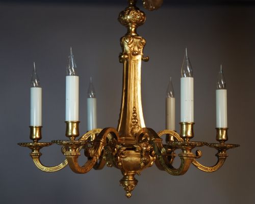 Late 19thc French Six Branch Ormolu Chandelier of Elegant Design