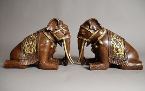 Pair of Chinese Kneeling Bronze & Gilt Elephants