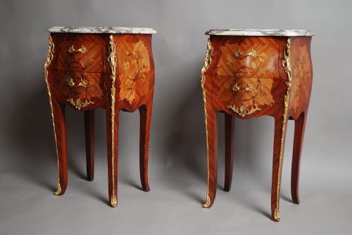 Pair of Early 20th Century Kingwood Bedside Commodes with Marble Tops
