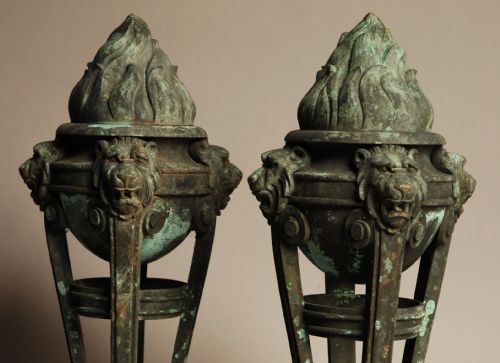 Pair of Bronze Late 19th Century Italian Flambeaux with Green Patination