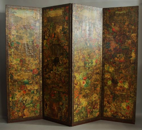 Late 19th Century Four Panel Folding Decoupage Screen