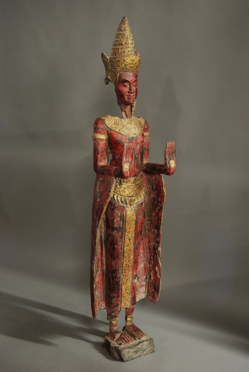 South Asian Polychrome Carved Wooden Buddha