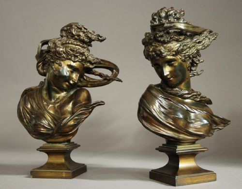 Pair of Art Nouveau Bronzes of Windswept Young Ladies, Signed Saibas