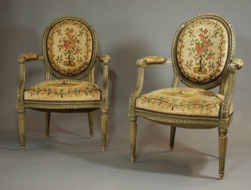 fig 1. Late 19thc pair of French armchairs wit original tapestry upholstery