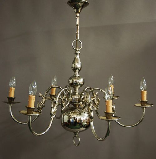 Chromed Dutch Baroque Six Branch Brass Chandelier