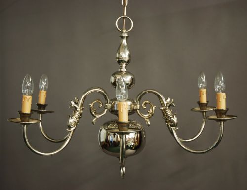 fig 1. Chromed Dutch Baroque six branch brass chandelier