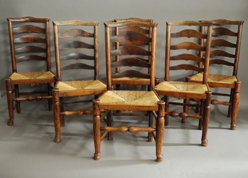 fig 1. Set of six 19th century ash ladder back chairs from the Billinge, Lancashire area