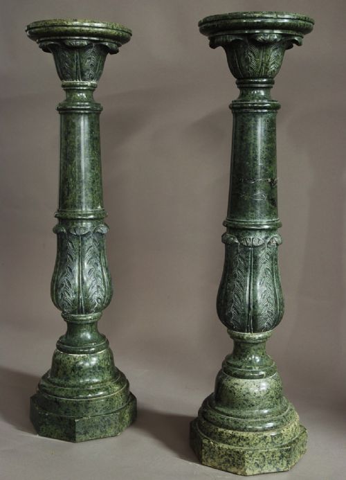 Pair of Decorative Late 19thc Serpentine Marble Columns