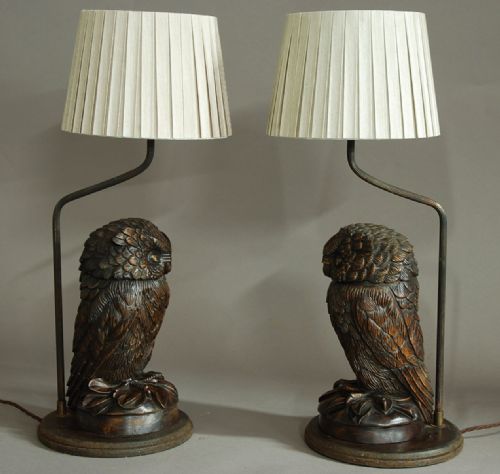 Superb Pair of Finely Carved Black Forest Owl Table Lamps