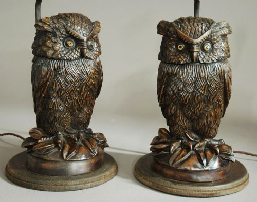 fig 1. Superb pair of finely carved Black Forest owl table lamps