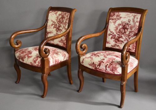 19thc Matched Pair of French Restauration Mahogany Fauteuils