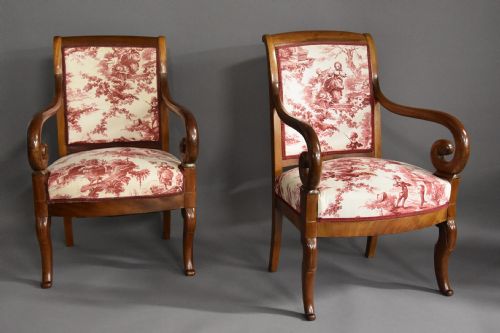 fig 1. 19thc matched pair of French Restauration mahogany fauteuils