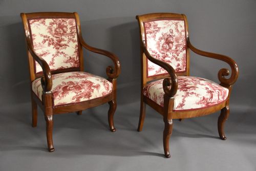 fig 2. 19thc matched pair of French Restauration mahogany fauteuils
