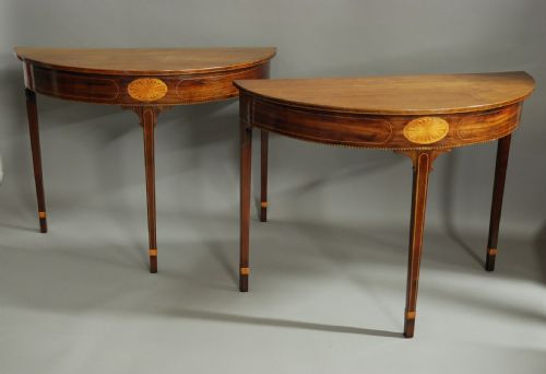 Pair of 18thc Mahogany Console Tables of Demilune Form