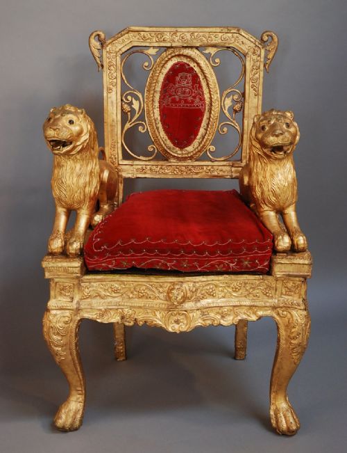 Mid/late 19th Century Indian Throne Chair with Gold Finish, Possibly from the Bengal Region