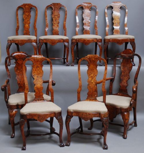 A Matched Set of Eight 18th Century Dutch Marquetry Chairs