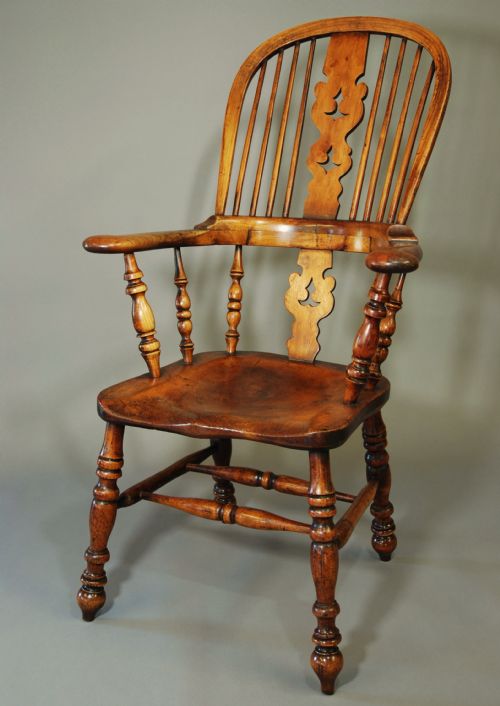 Mid 19th Century Broad Armed Fruitwood High Back Windsor Chair