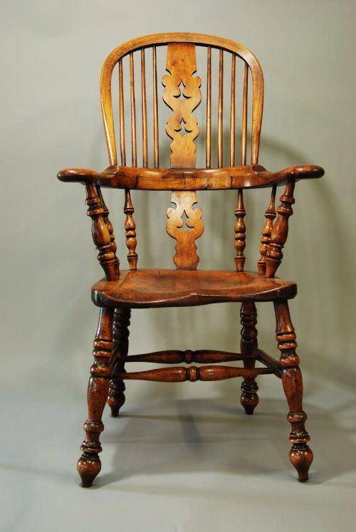 fig 2. Mid 19th century broad armed fruitwood high back Windsor chair